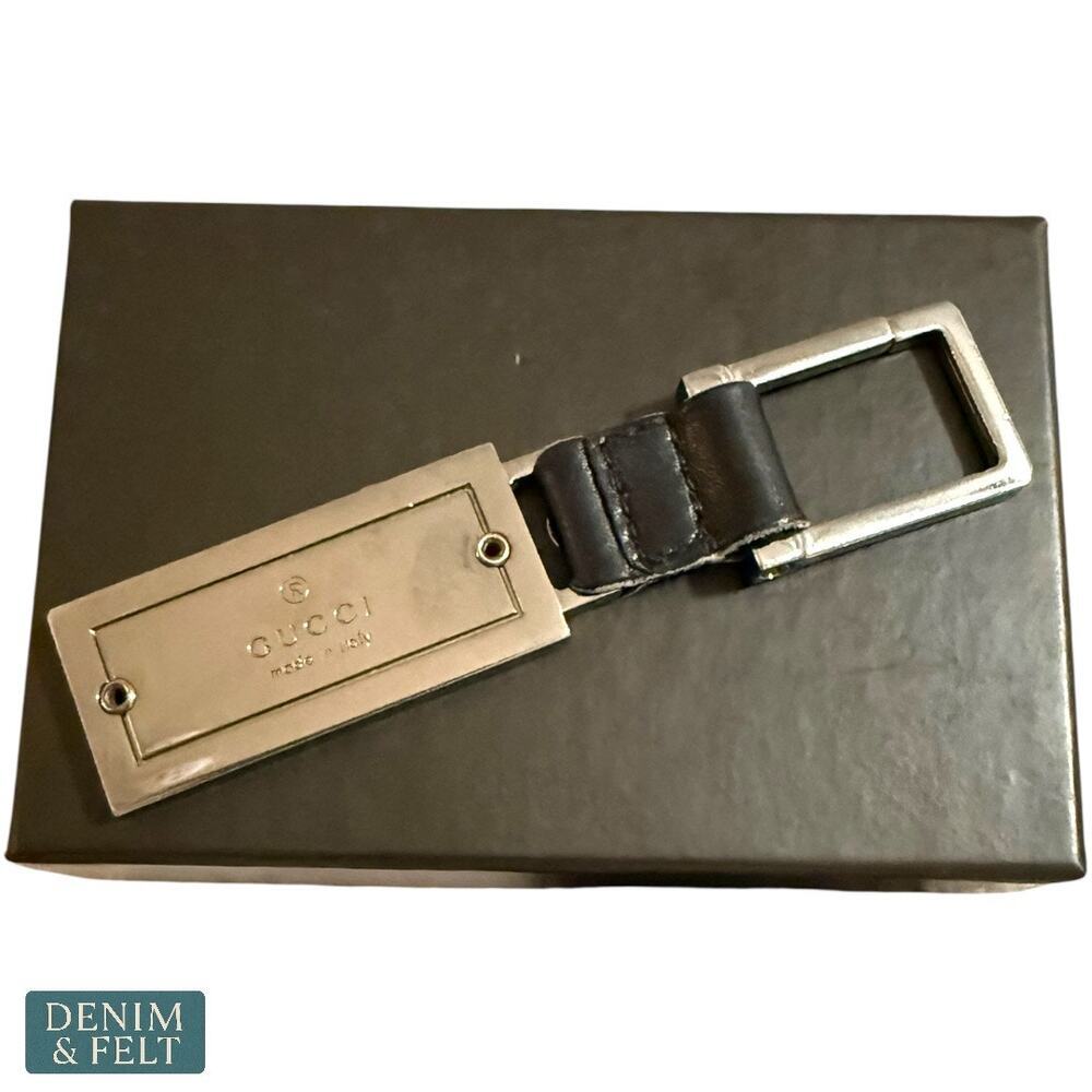 Gucci Rectangle Key Ring Black Leather Detail Sil… - image 5